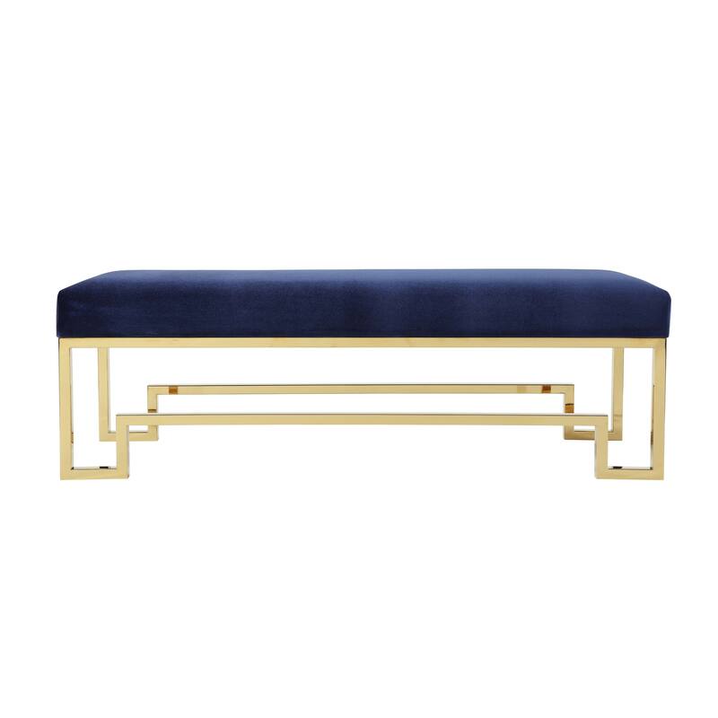 Rectangular Velvet Upholstered Bench with Stainless Steel Base, Blue and Gold