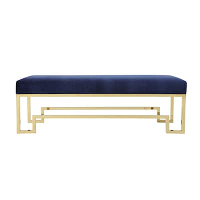 Rectangular Velvet Upholstered Bench with Stainless Steel Base, Blue and Gold