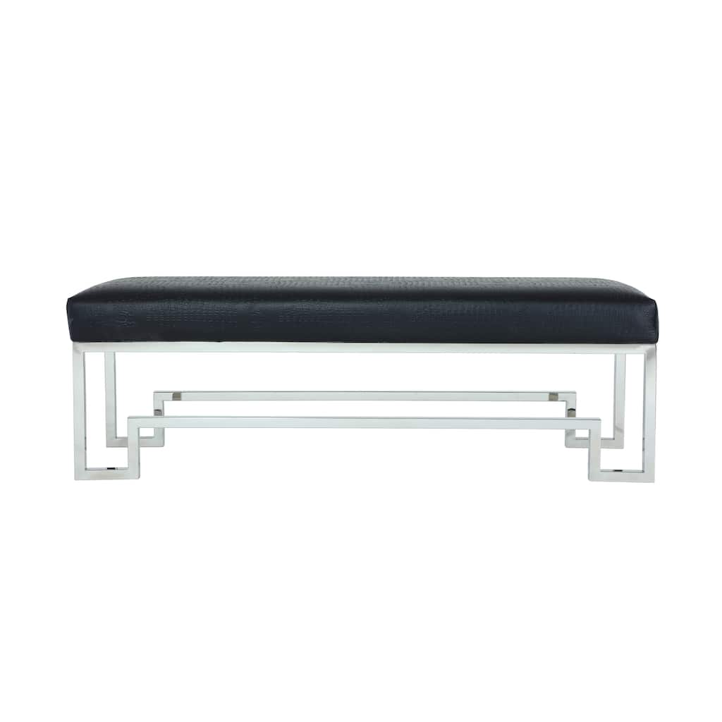Rectangular Faux Leather Upholstered Bench with Stainless Steel Base, Silver and Black