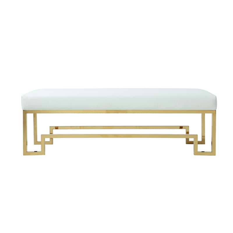 Rectangular Faux Leather Upholstered Bench with Stainless Steel Base, White and Gold