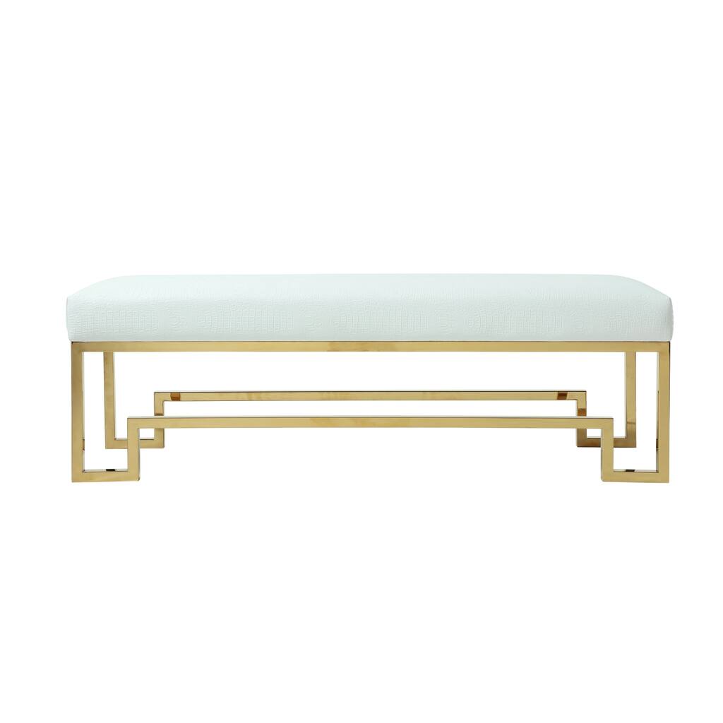 Rectangular Faux Leather Upholstered Bench with Stainless Steel Base, White and Gold