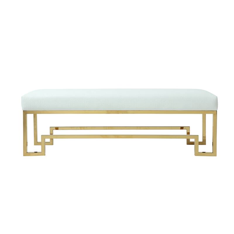 Rectangular Faux Leather Upholstered Bench with Stainless Steel Base, White and Gold
