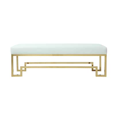 Rectangular Faux Leather Upholstered Bench with Stainless Steel Base, White and Gold