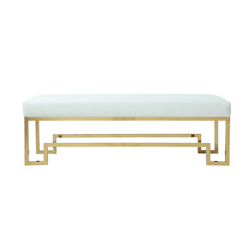 Rectangular Faux Leather Upholstered Bench with Stainless Steel Base, White and Gold
