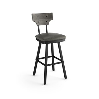 Copper Grove Nesebar Swivel Stool with Distressed Wood Backrest (Grey Faux Leather/Textured Black Metal/Grey Wood - Bar Height - 29-32 in.)