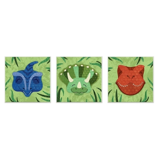 The Kids Room by Stupell Green Textured Dinosaurs in the Jungle Wall Plaque Art, 3pc, each 12 x 12, Proudly Made in USA