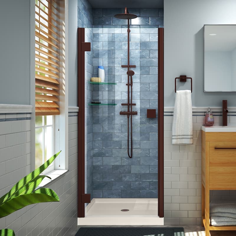 DreamLine Lumen 32 in. D x 42 in. W by 74 3/4 in. H Hinged Shower Door and Base Kit - 32" x 42" - Biscuit Base - Oil Rubbed Bronze Finish
