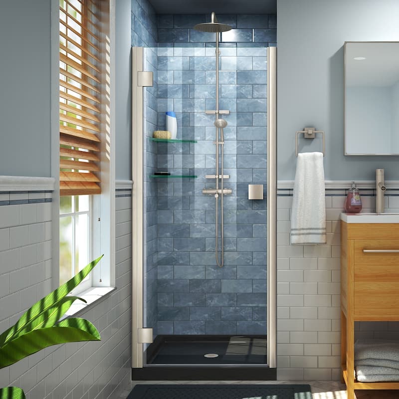 DreamLine Lumen 32 in. D x 42 in. W by 74 3/4 in. H Hinged Shower Door and Base Kit - 32" x 42" - Black Base - Nickel Finish