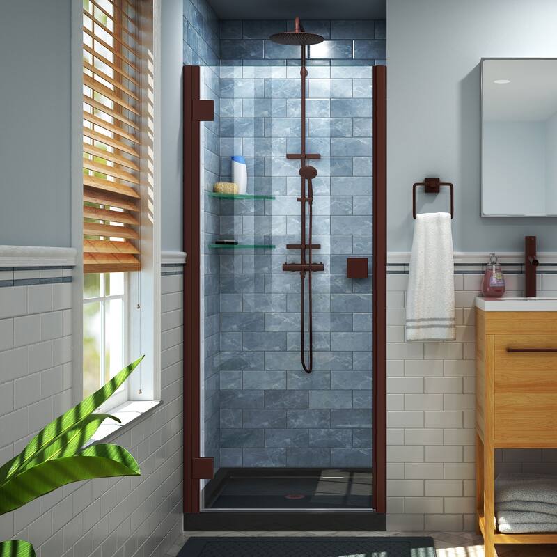 DreamLine Lumen 32 in. D x 42 in. W by 74 3/4 in. H Hinged Shower Door and Base Kit - 32" x 42" - Black Base - Oil Rubbed Bronze Finish