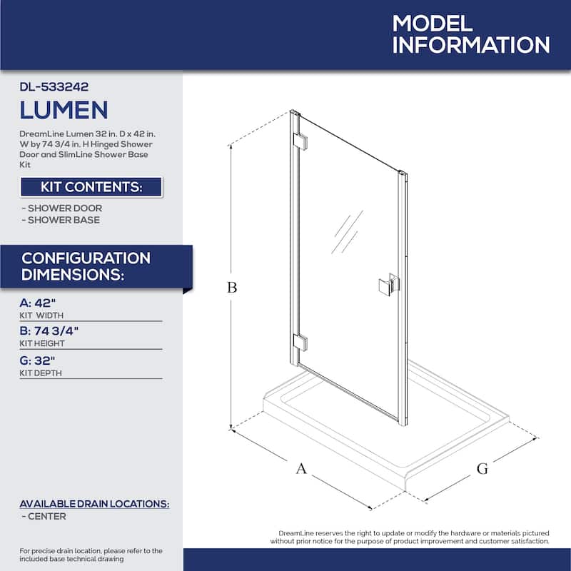 DreamLine Lumen 32 in. D x 42 in. W by 74 3/4 in. H Hinged Shower Door and Base Kit - 32" x 42"
