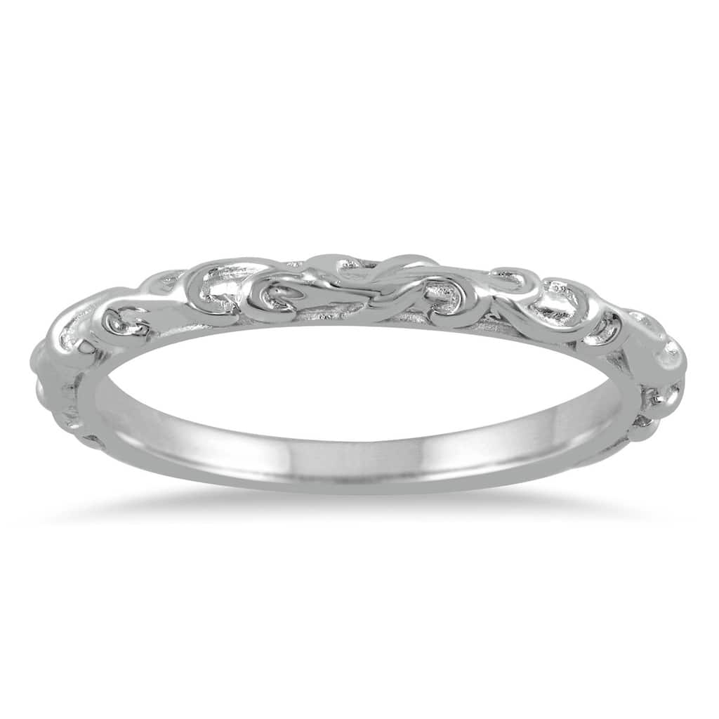 14K White Gold Engraved Wedding Band