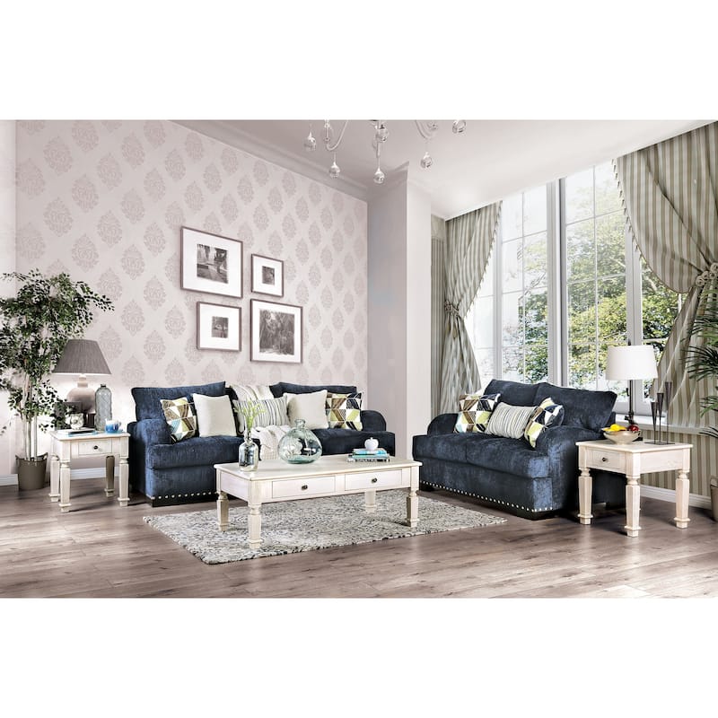 Lanchkhuti Contemporary Navy Chenille Nailhead T-Cushion Loveseat by Copper Grove