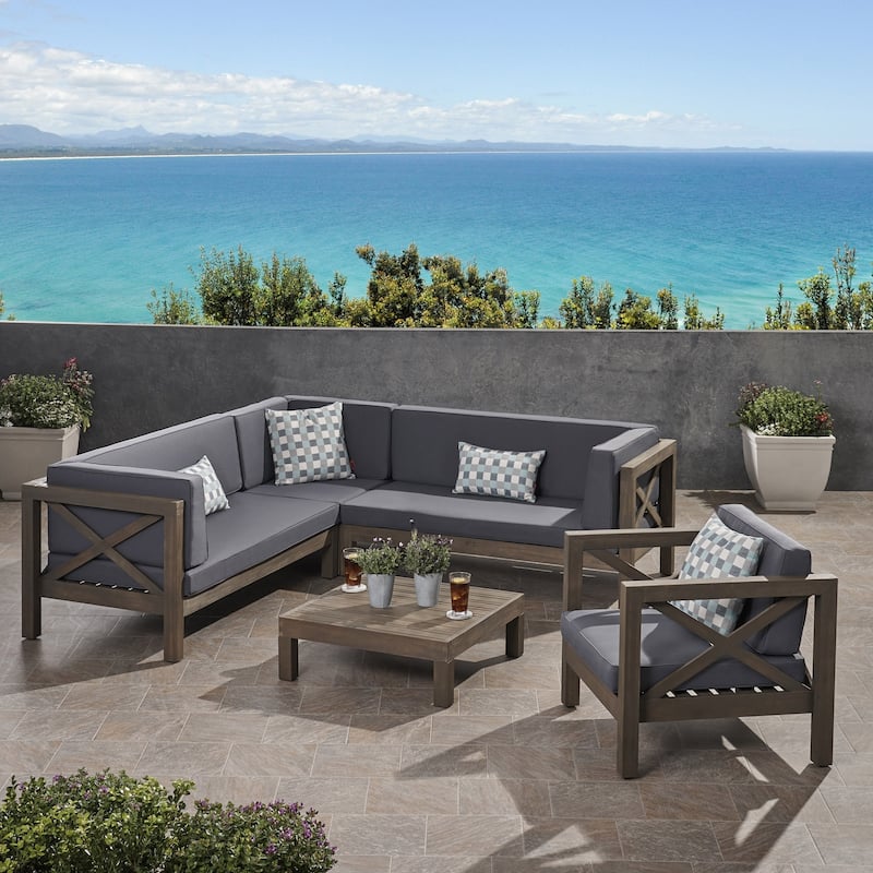 Brava Outdoor Acacia Sectional Sofa and Club Chair Set by Christopher Knight Home