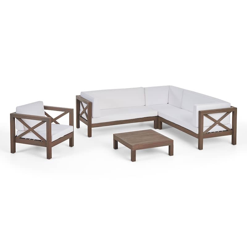Brava Outdoor Acacia Sectional Sofa and Club Chair Set by Christopher Knight Home - Gray Finish+White