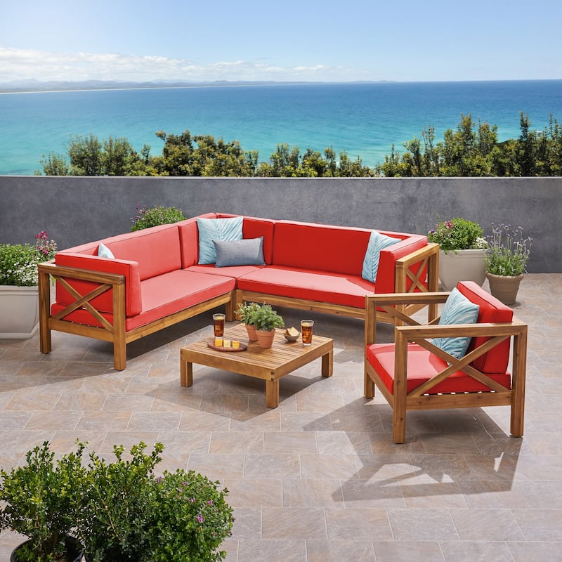 Brava Outdoor Acacia Sectional Sofa and Club Chair Set by Christopher Knight Home