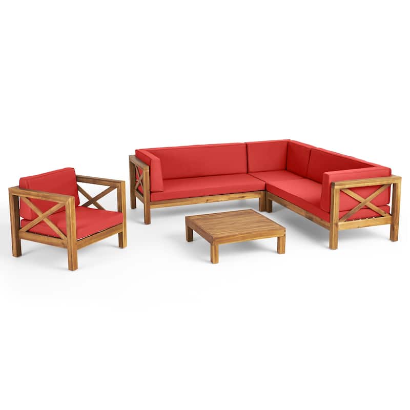 Brava Outdoor Acacia Sectional Sofa and Club Chair Set by Christopher Knight Home - Teak Finish, Red