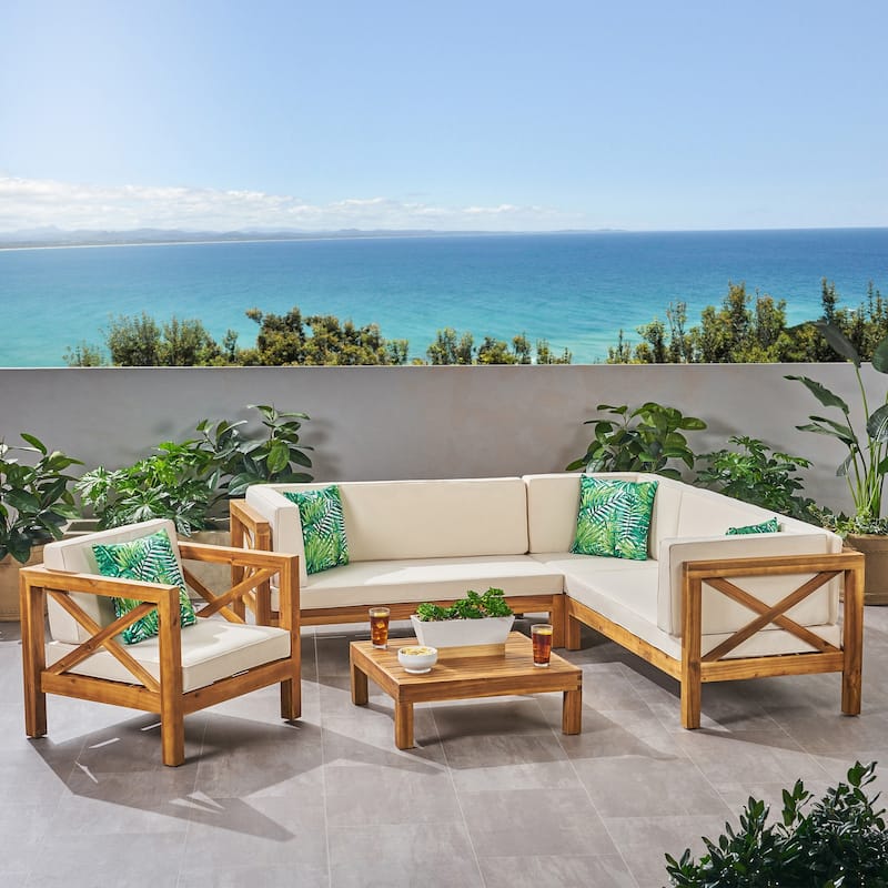 Brava Outdoor Acacia Sectional Sofa and Club Chair Set by Christopher Knight Home