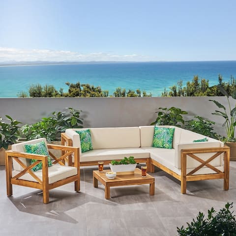 Brava Outdoor 6 Seater Acacia Wood Sectional Sofa and Club Chair Set by Christopher Knight Home