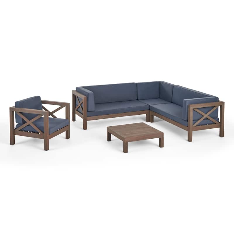 Brava Outdoor Acacia Sectional Sofa and Club Chair Set by Christopher Knight Home - Gray Finish+Dark Gary