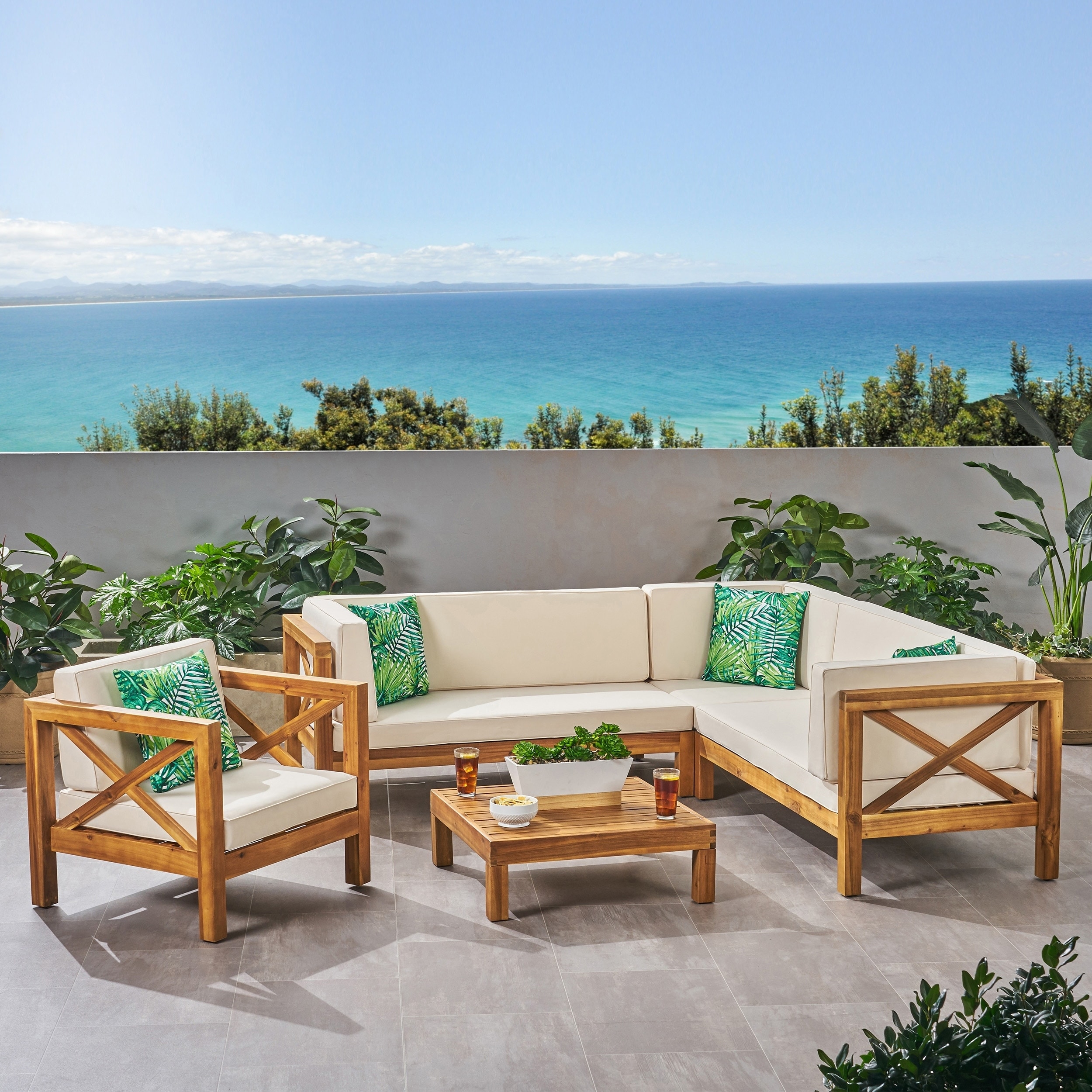 Brava Outdoor Acacia Sectional Sofa and Club Chair Set by Christopher Knight Home