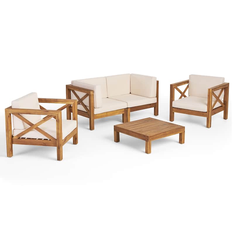 Brava Outdoor Acacia Wood 5-piece Chat Set by Christopher Knight Home - Teak Finish, Beige