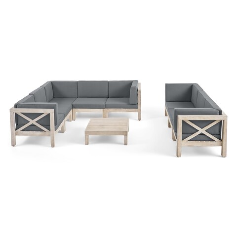 Brava Outdoor Acacia Wood 8 Seater Sectional Sofa Set with Coffee Table by Christopher Knight Home
