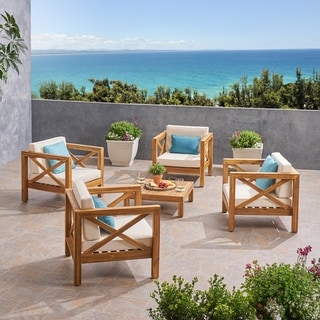 Brava Outdoor 4 Seater Acacia Wood Club Chair and Coffee Table Set by Christopher Knight Home