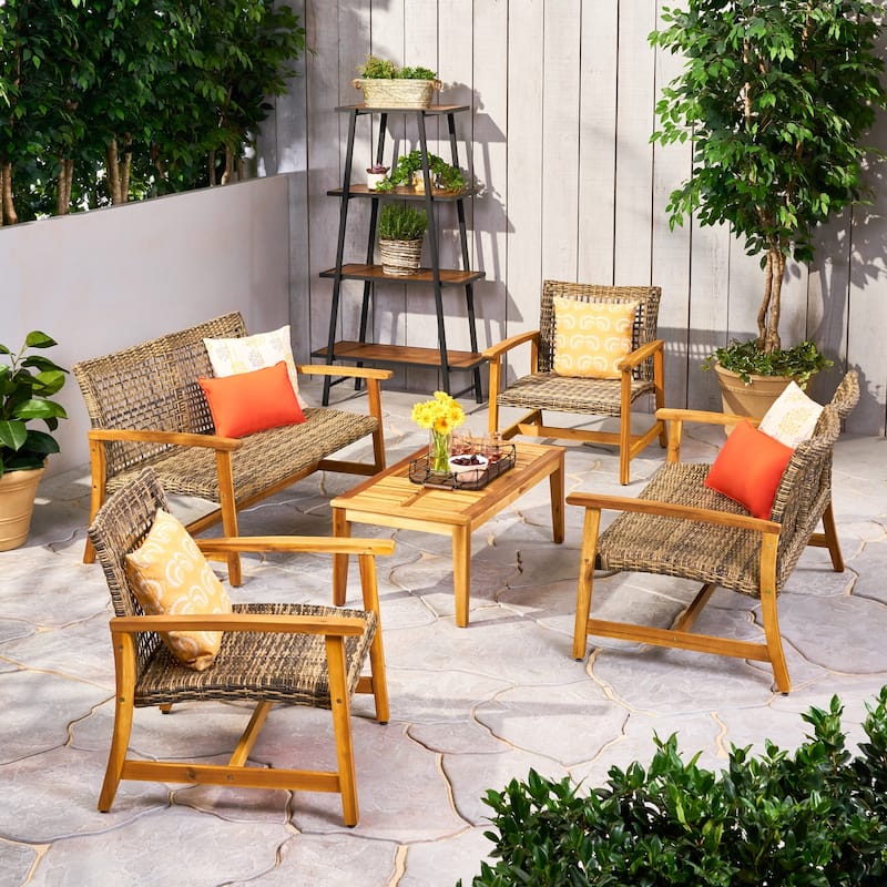 Hampton Wicker/ Acacia Wood Outdoor 5-piece Chat Set by Christopher Knight Home