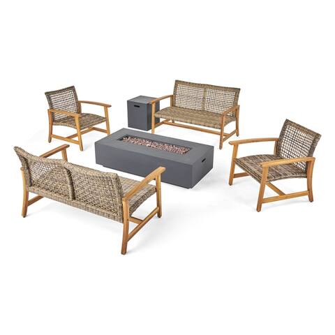 Augusta Outdoor 6 Piece Wood and Wicker Chat Set with Fire Pit by Christopher Knight Home