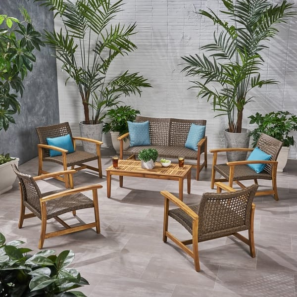 slide 2 of 17, Hampton Wood and Wicker 6-piece Outdoor Chat Set by Christopher Knight Home Natural Finish