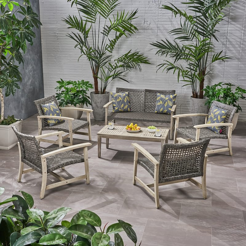Hampton Wood and Wicker 6-piece Outdoor Chat Set by Christopher Knight Home - Mixed Black, Light Gray Washed Finish