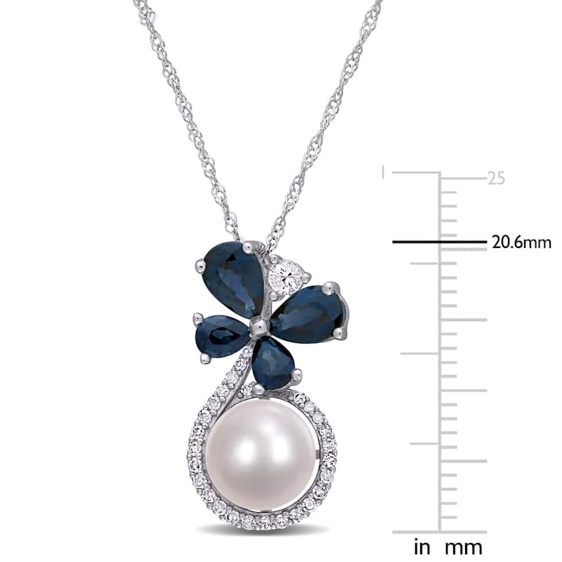 Miadora 10k White Gold Cultured FW Pearl Blue White Sapphire 1/8ct TDW Diamond Butterfly Necklace (7.5-8 MM)