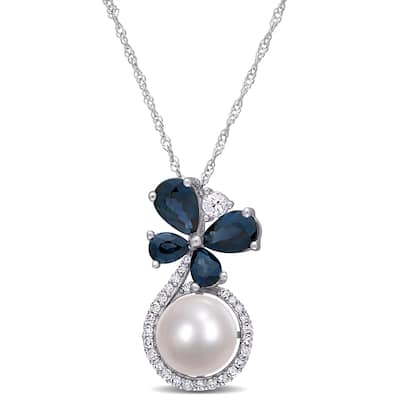 Miadora 10k White Gold Cultured FW Pearl Blue White Sapphire 1/8ct TDW Diamond Butterfly Necklace (7.5-8 MM)