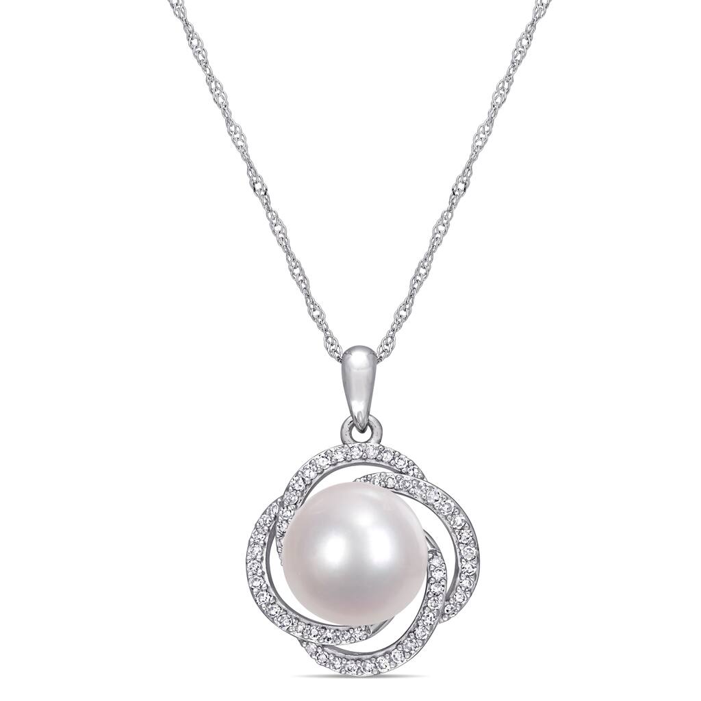 Miadora 14k White Gold Cultured FW Pearl and 1/4ct TDW Diamond Crossover Halo Floral Necklace (10-11 MM)