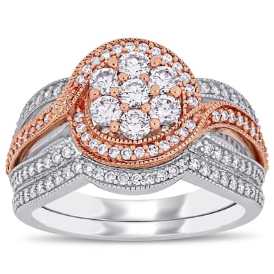 Miadora 2-Tone 14k Gold 1ct TDW Diamond Floral Cluster Halo Bridal Ring Set