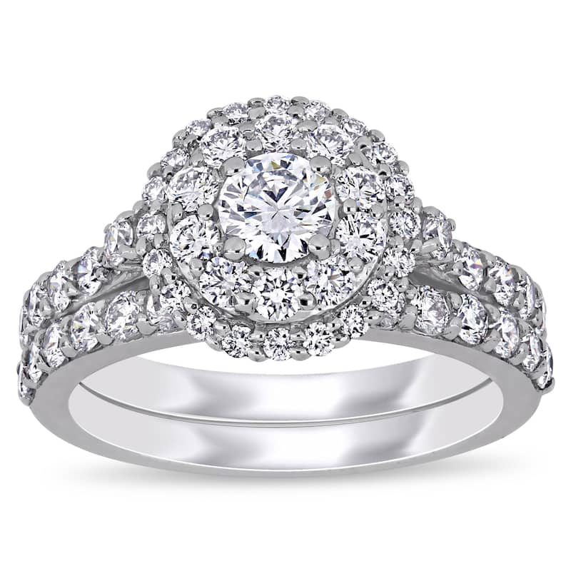 1 3/4ct TW Lab Created Diamond Double Halo Bridal Ring Set in 14k White Gold