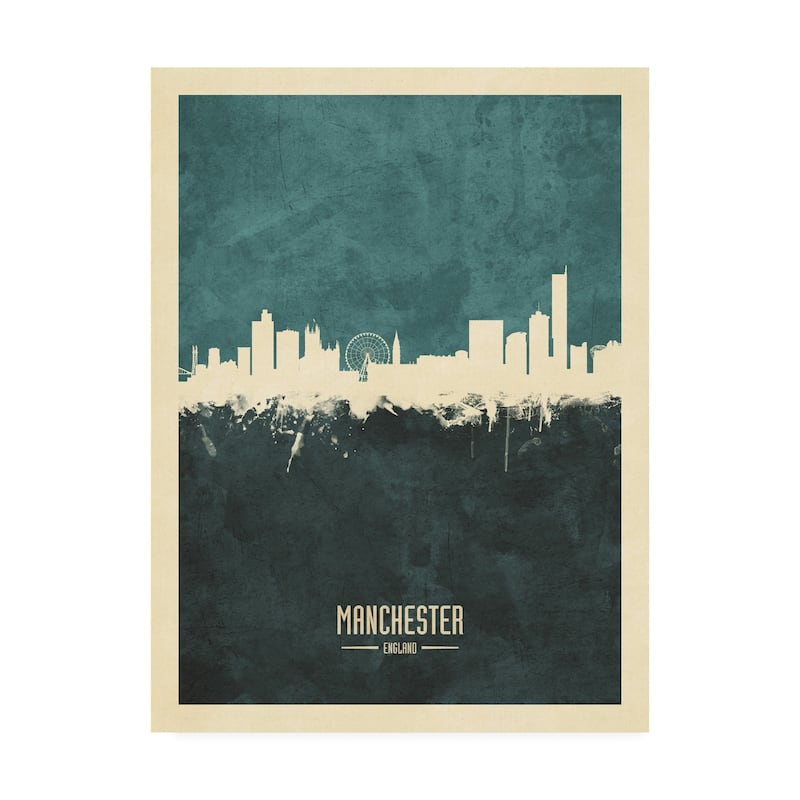 Michael Tompsett 'Manchester England Skyline Teal' Canvas Art - 14x19