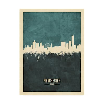 Michael Tompsett 'Manchester England Skyline Teal' Canvas Art