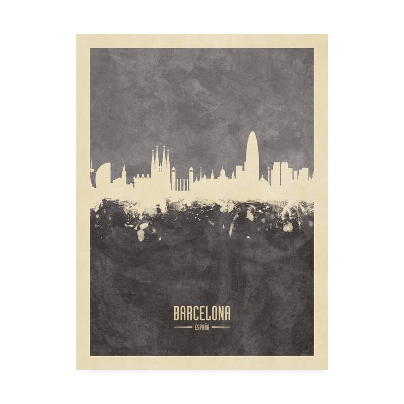Michael Tompsett 'Barcelona Spain Skyline Gray' Canvas Art - 14x19