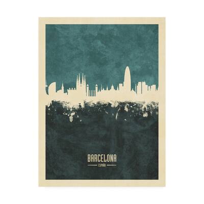 Michael Tompsett 'Barcelona Spain Skyline Teal' Canvas Art