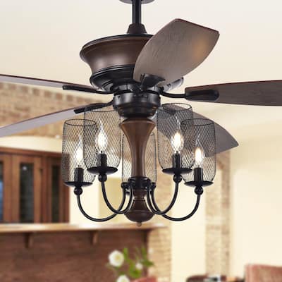 Slatin 52-inch 5-light Lighted Ceiling Fan with Mesh Shade Candelabra Chandelier (incl. Remote & 2 Color Option Fan Blades)