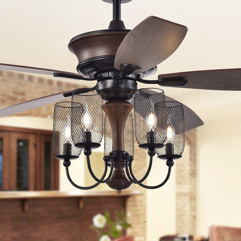 Slatin 52-inch 5-light Lighted Ceiling Fan with Mesh Shade Candelabra Chandelier (incl. Remote & 2 Color Option Fan Blades)