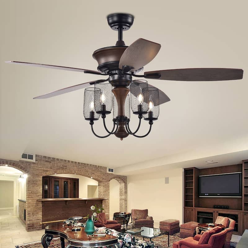Slatin 52-inch 5-light Lighted Ceiling Fan with Mesh Shade Candelabra Chandelier (incl. Remote & 2 Color Option Fan Blades)