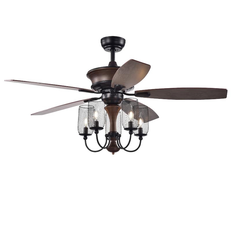 Slatin 52-inch 5-light Lighted Ceiling Fan with Mesh Shade Candelabra Chandelier (incl. Remote & 2 Color Option Fan Blades)