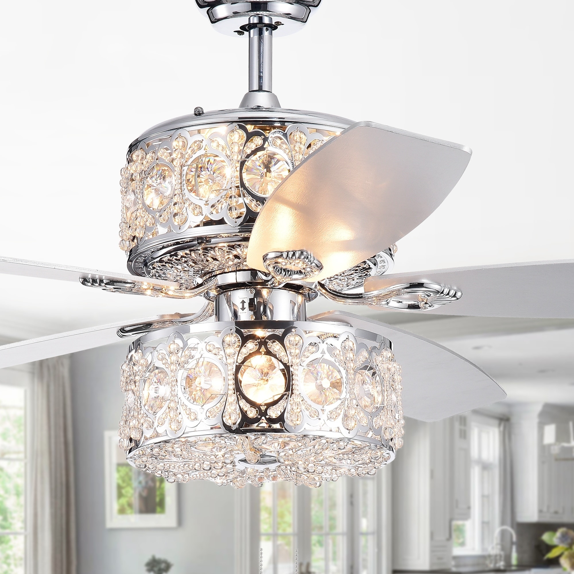 Velko 52-inch 6-light Dual Lamp Lighted Ceiling Fan with Crystal Shade (incl. Remote & 2 Color Option Blades)