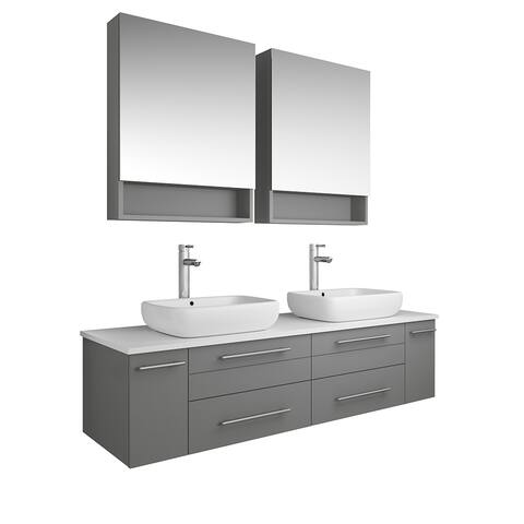 Fresca Lucera 60" Gray Wall Hung Double Vessel Sink Modern Bathroom Vanity w/ Medicine Cabinets