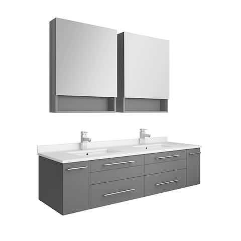 Fresca Lucera 60" Gray Wall Hung Double Undermount Sink Modern Bathroom Vanity w/ Medicine Cabinets