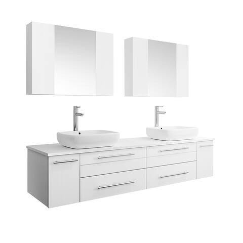 Fresca Lucera 72" White Wall Hung Double Vessel Sink Modern Bathroom Vanity w/ Medicine Cabinets