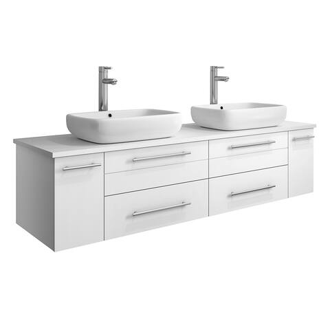 Fresca Lucera 60" White Wall Hung Modern Bathroom Cabinet w/ Top & Double Vessel Sinks