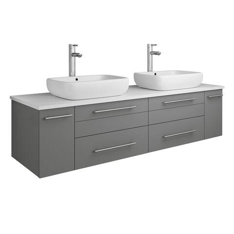 Fresca Lucera 60" Gray Wall Hung Modern Bathroom Cabinet w/ Top & Double Vessel Sinks